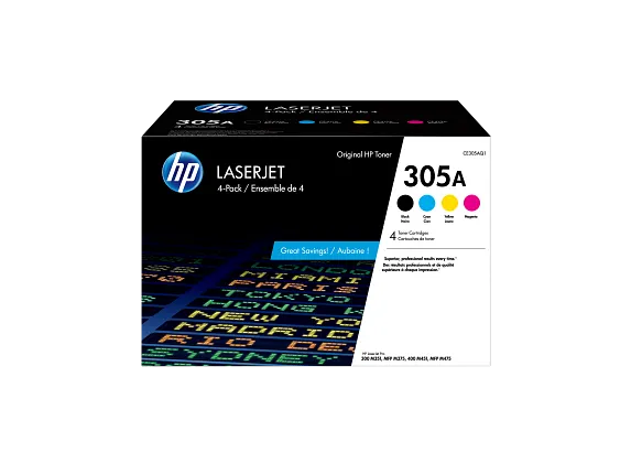 HP Laser Toner Cartridges and Kits, HP 305A 4-pack Black/Cyan/Magenta/Yellow Original LaserJet Toner Cartridges, CE305AQ1
