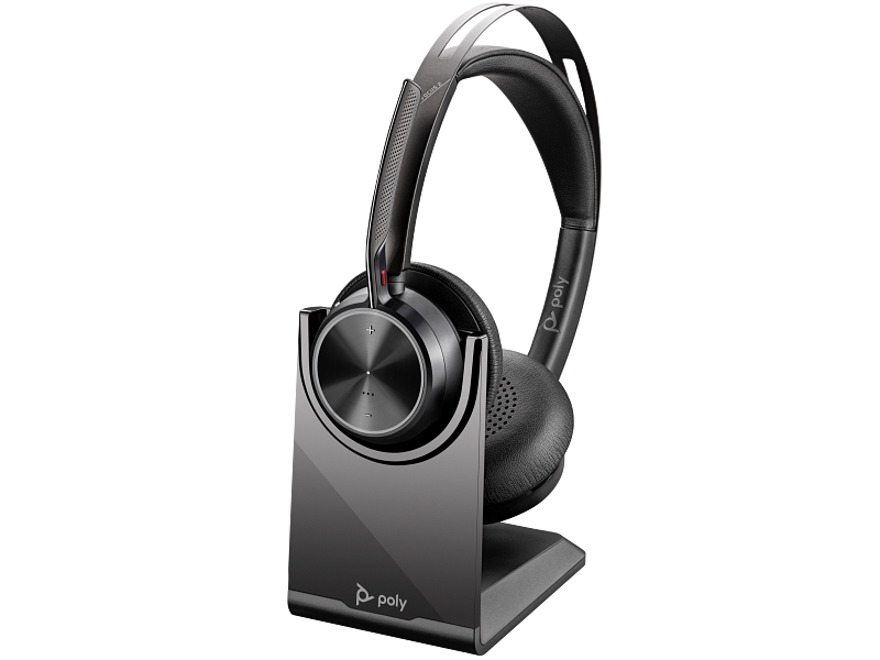 Poly Voyager Focus 2 headset in stand - Left