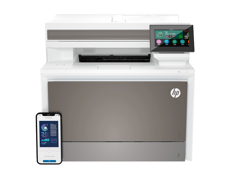 HP Color LaserJet Pro 4303fdw Grey, front facing with iphone