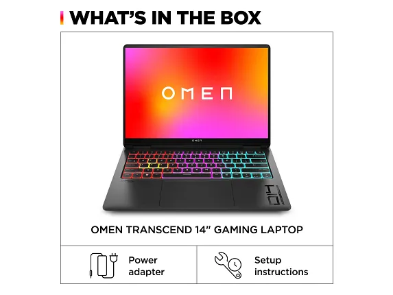 Series 13 of 14 HP Home Laptop PCs, OMEN Transcend Laptop 14, Windows 11 Home, 14", Intel® Core™ Ultra 9, 32GB RAM, 2TB SSD, NVIDIA® GeForce RTX™ 4070, 3K, Shadow black