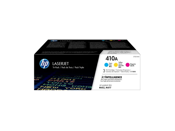 HP Laser Toner Cartridges and Kits, HP 410A 3-pack Cyan/Magenta/Yellow Original LaserJet Toner Cartridges, CF251AM