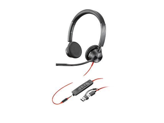 Micro-casque Poly Blackwire 3325 stéréo USB-C + connexion 3,5 mm + adaptateur USB-C/A