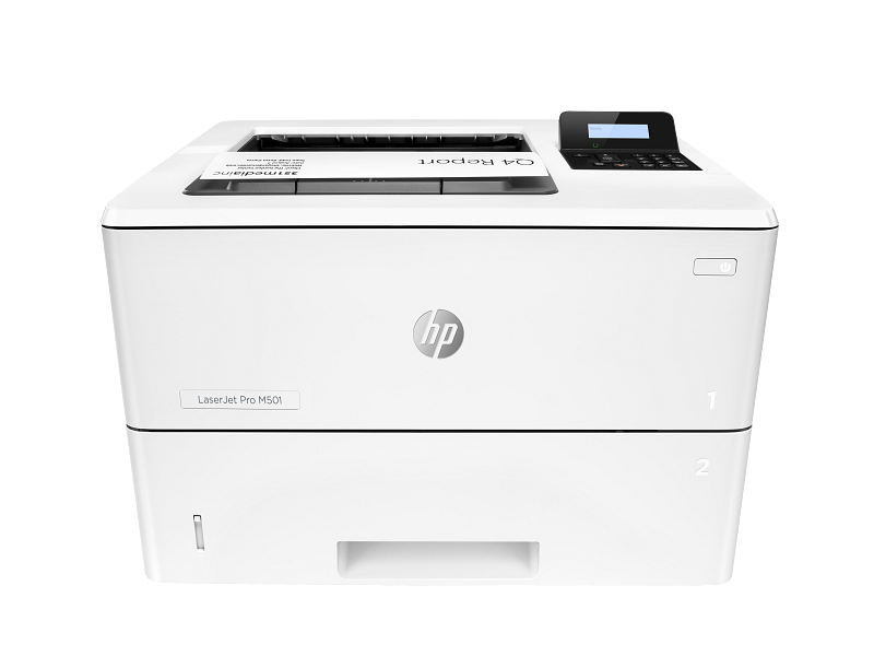 HP LaserJet Pro M501dn, center view, with output