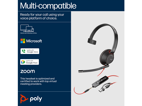 Poly Blackwire 5220 Stereo USB-C Headset +3.5mm Plug +USB-C/A Adapter