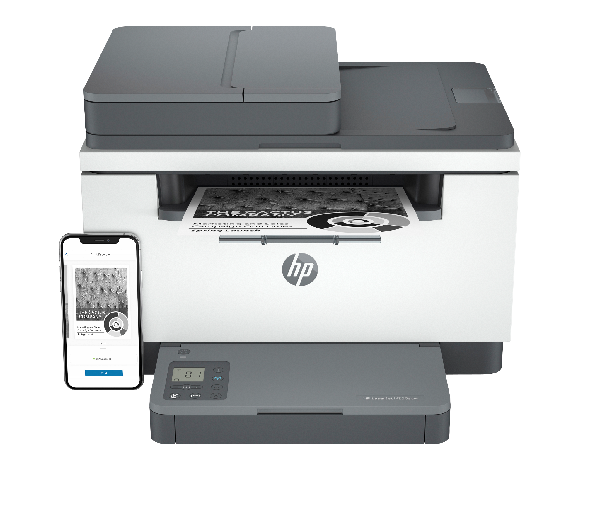 HP LaserJet MFP M236sdw Light Basalt front facing with iPhone