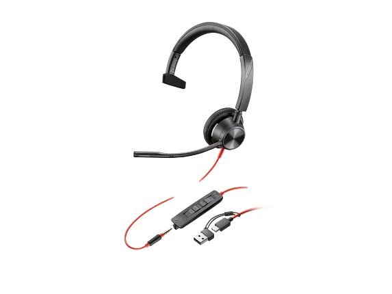 Audio, Poly Blackwire 3315 Monaural Microsoft Teams Certified USB-C Headset +3.5mm Plug +USB-C/A Adapter