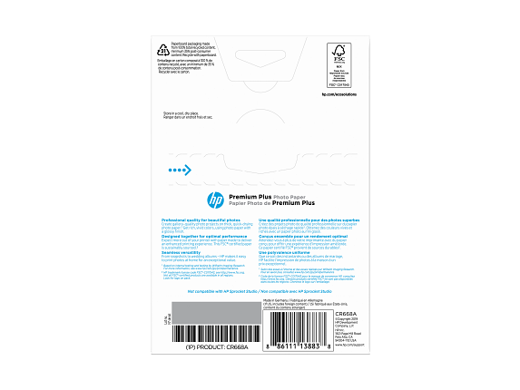 HP Premium Plus Photo Paper, Glossy, 80 lb, 4 x 6 in. (101 x 152 mm), 100 sheets CR668A - Rear