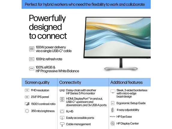 HP Series 5 Pro 23.8 inch FHD USB-C Monitor - 524pu, цвет: Fhd (1920 X 1080) — фото 7