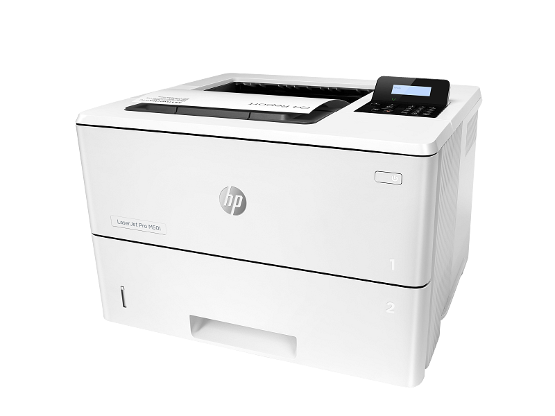 HP LaserJet Pro M501dn, left view, with output