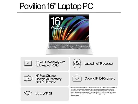Series 11 of 16 HP Home Laptop PCs, HP Pavilion Laptop 16, Windows 11 Home, 16", Intel® Core™ Ultra 7, 16GB RAM, 512GB SSD, 2K, Natural silver