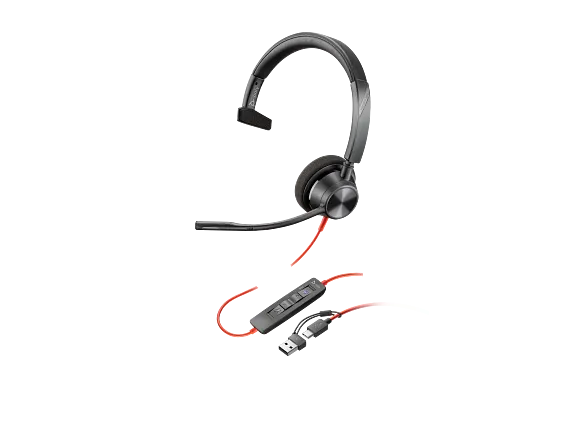 Audio, Poly Blackwire 3310 Monaural Microsoft Teams Certified USB-C Headset +USB-C/A Adapter