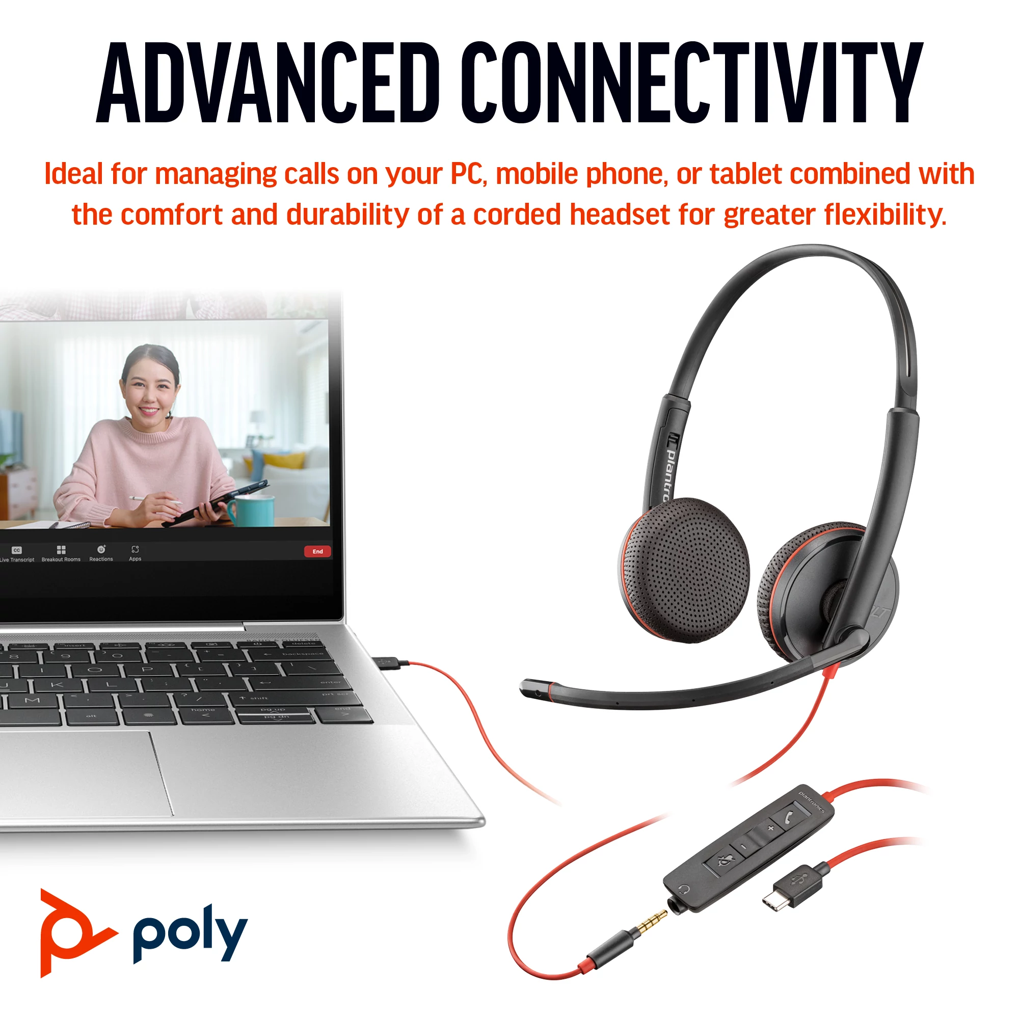 Poly Blackwire 3225 C3225 USB-C 與 3.5 mm 雙介面