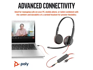Poly Blackwire 3225 Stereo USB-C Headset +3.5mm Plug +USB-C/A Adapter