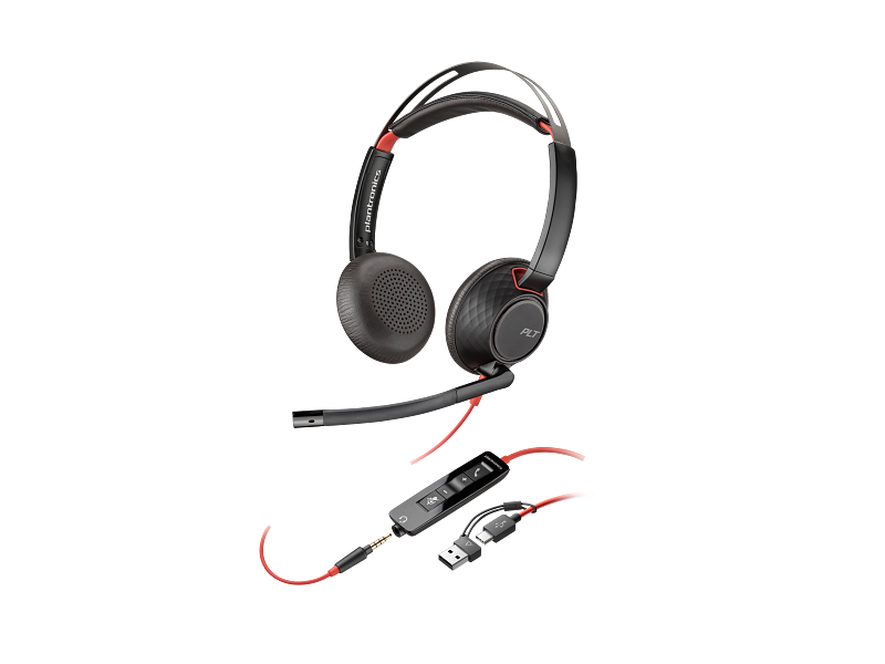 Poly Blackwire 5220 Corded UC Headset with USB-C to USB-A Adapter