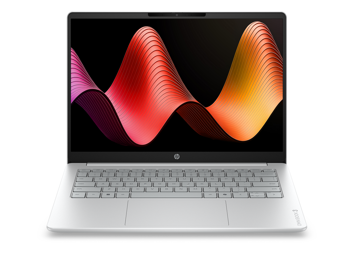 HP OmniBook 3 Core 7 350 laptop in Glacier Silver, front view with screen and keyboard