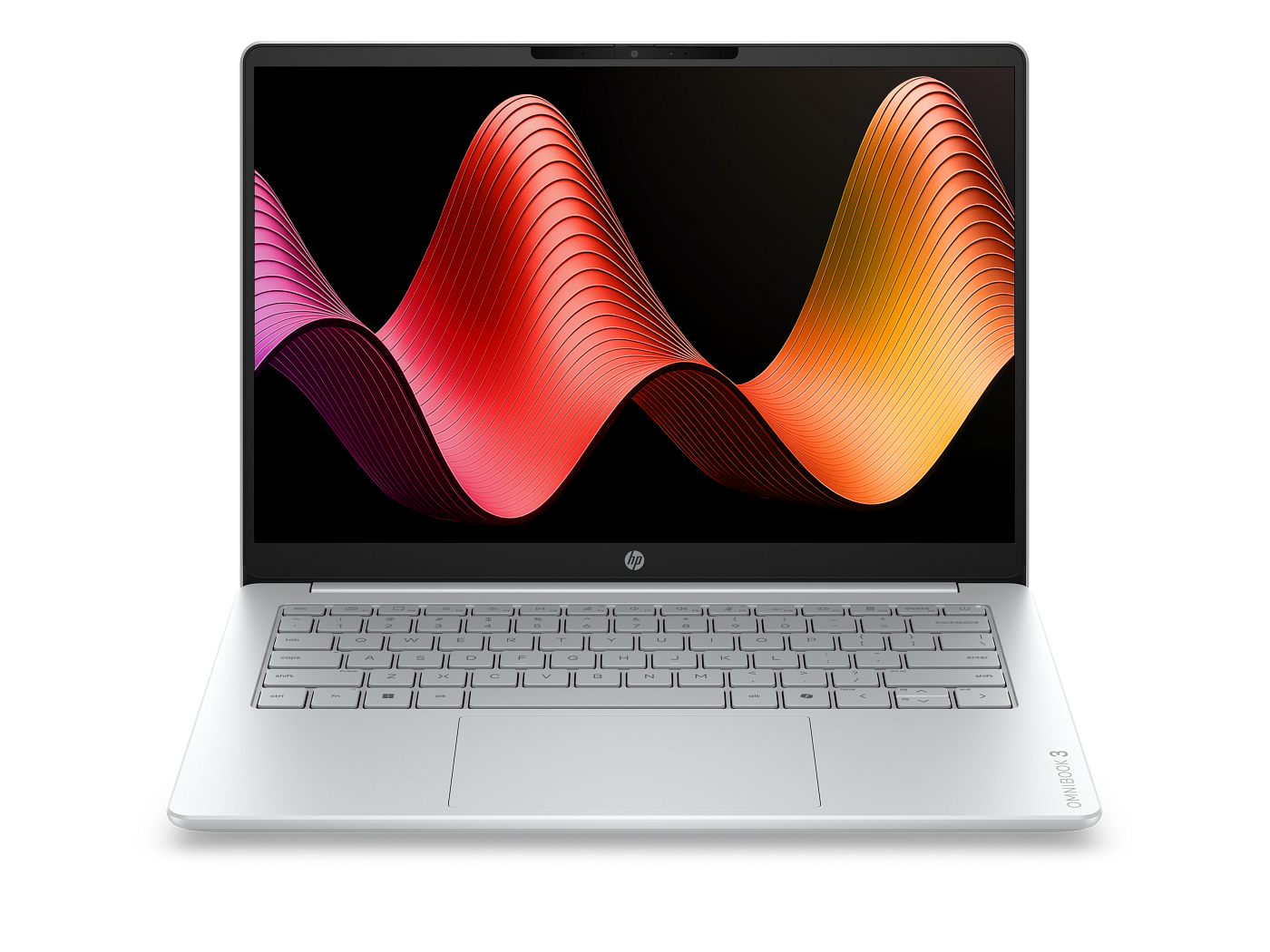 HP OmniBook 3 Core 7 350 laptop in Glacier Silver, front view with screen and keyboard