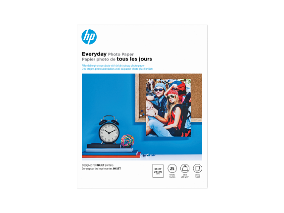HP Everyday Photo Paper, Glossy, 52 lb, 8.5 x 11 in. (216 x 279 mm), 25 sheets Q5498A - Center