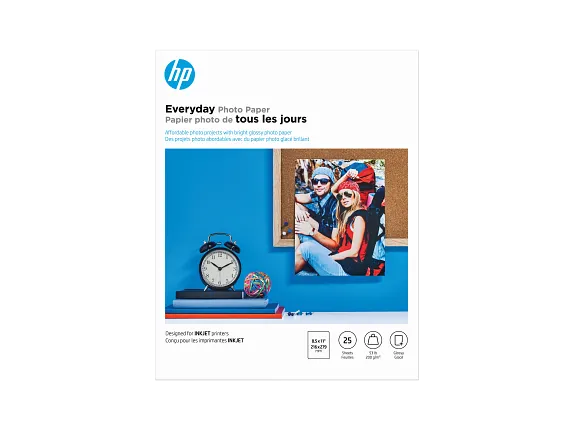 HP Everyday Photo Paper, Glossy, 52 lb, 8.5 x 11 in. (216 x 279 mm), 25 sheets Q5498A