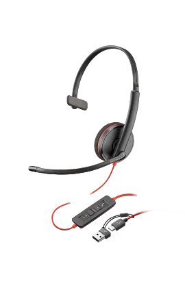 Poly Blackwire 3210 Monaural USB-C Headset +USB-C/A Adapter