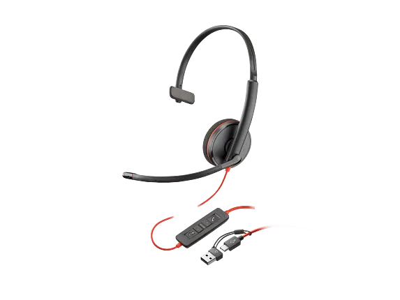 Audio, Poly Blackwire 3210 Monaural USB-C Headset +USB-C/A Adapter