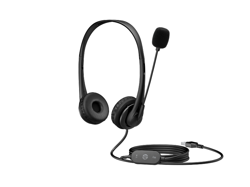 21C2 - HP Stereo USB Headset G2 Shadow Black Coreset Front Left Bottom Up