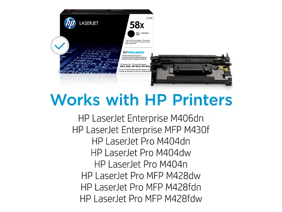 Official HP CF258X toner cartridge shown with its retail box