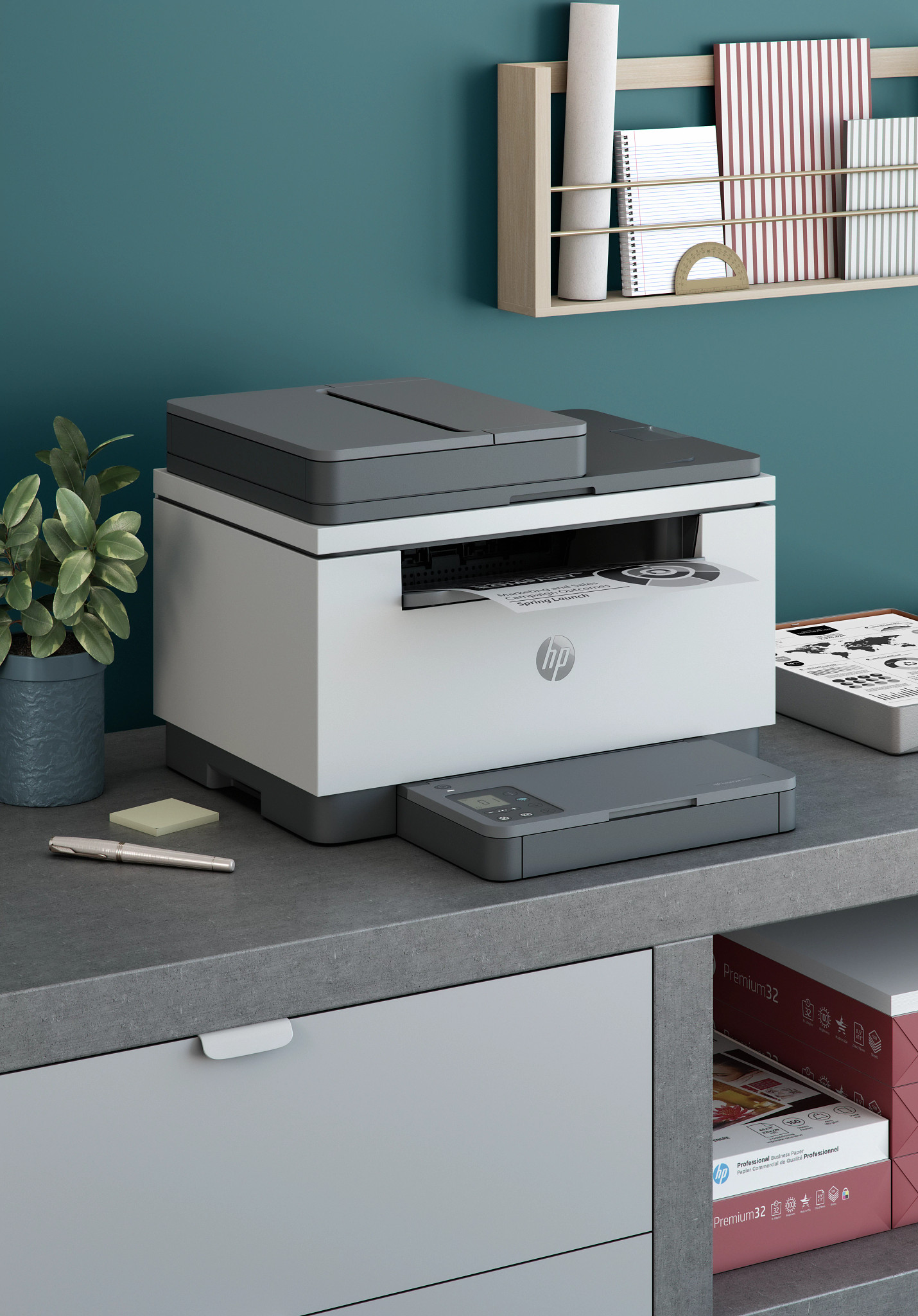 HP LaserJet MFP M232-M237 Light Basalt, Wireless Right facing on desk against teal wall, vertical or